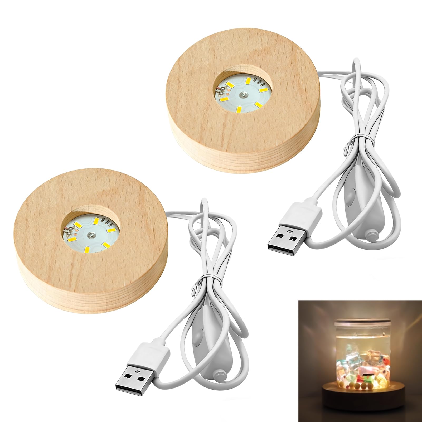 2 Pack Wooden LED Light Base, Wooden Light Stand Base, Round USB Powered Lamp Holder with Switch, Lighted Base for 3D Crystal Ball Artwork Acrylic Model Decoration Home Office (Warm Light) (8*2)-image-34