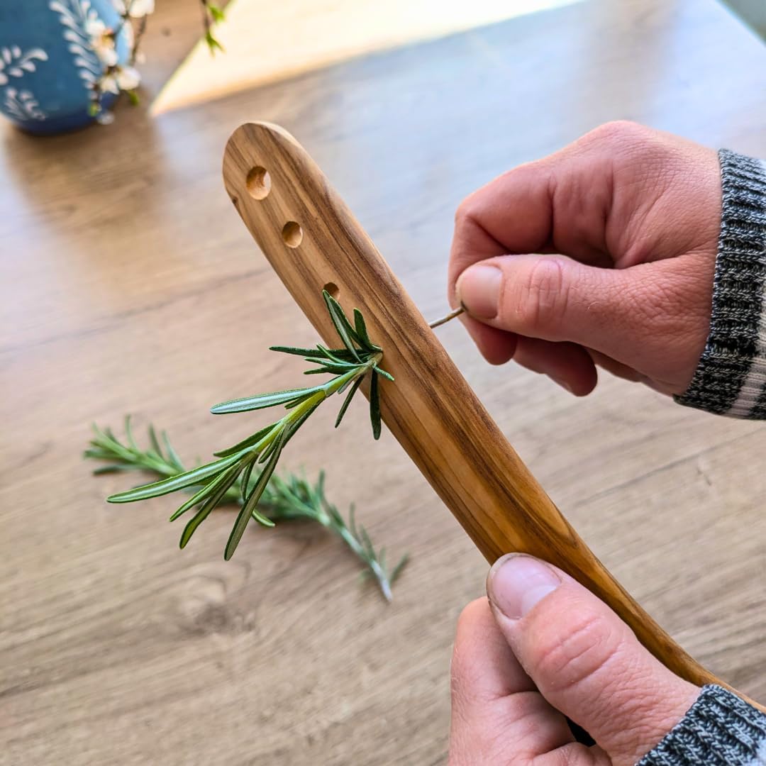 LESVOS WOODCRAFT Olive Wood Spatula - Wooden Spatula for Cooking with Built-In Herb Stripper, Non Toxic Wooden Cooking Utensils, Handmade Artisan Kitchen Tool, Sustainably Sourced, Recipes Included