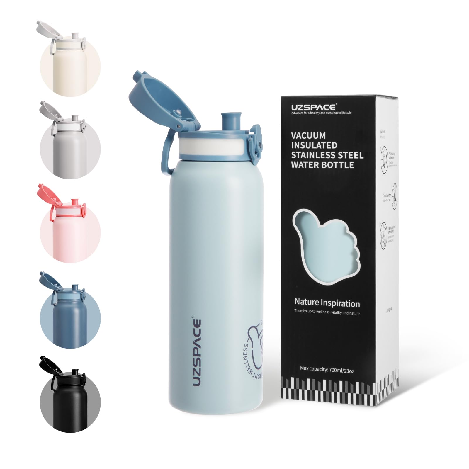 UZSPACE Stainless Steel Water Bottle Kids 700ml with Handle - Double-Walled Insulated Water Bottles That Keep Drinks Cold & Hot - Leakproof Metal Bottle for School or Works & Sports Misty Blue — image 1