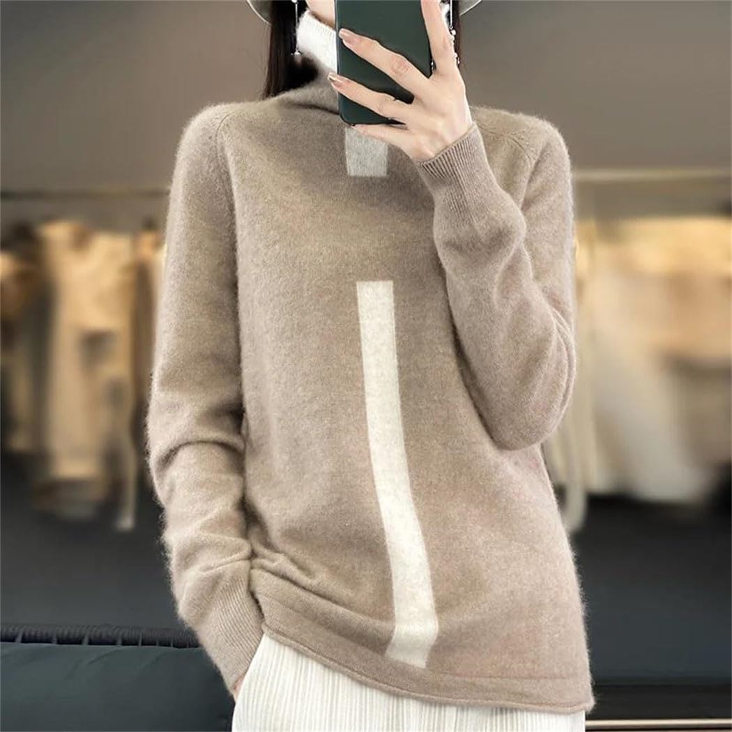 Sweter Damski Z Dzianiny Wełnianej, Golf, Długi Rękaw, Blok Kolorów, Swobodny, Jesienno-Zimowy, Ciepły-Beige-X-Large