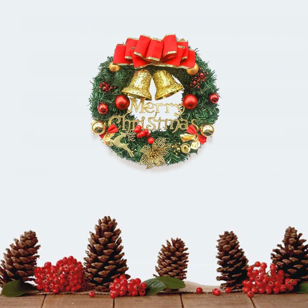 Christmas Wreath Reef for Front Door Window 13 Inch Pine Artificial Garland with Bowknot, Bells, Deer, Red Berries, Flower Gifts for Christmas Party Decor, Front Door Window Wall Wreath(Red) - Image 6