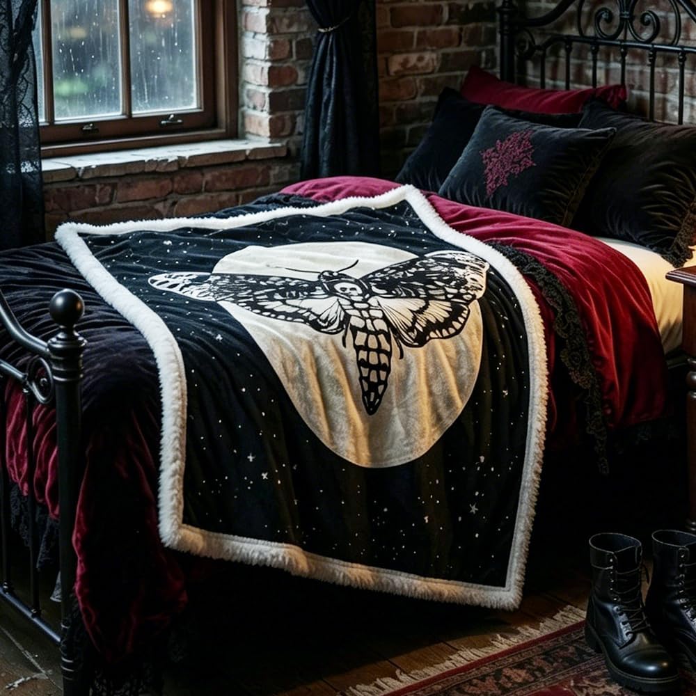 MILANKET Skull Moth Sherpa Blanket Soft Fleece Throw Blanket Black Moth Skull Moon Galaxy Stars Blankets for Kids Teens Boys Men Gothic Halloween Blanket for Bed Sofa Couch Decor 60"x80"