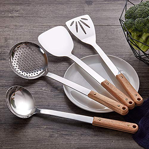 (4 unidades) Cuchara de sopa de acero inoxidable Freír Colador Colador Aislante Mango de madera Espátula Suministros de cocina Cocina Juego de cocina