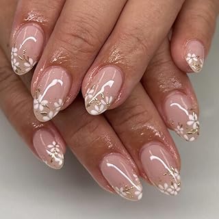 Flower Press on Nails Short Almond Fake Nails Spring Nails Press ons with White Floral and Gold Leaves Design Reusable Artificial Nail Full Cover Stick on Nails for Women Manicure 24Pcs