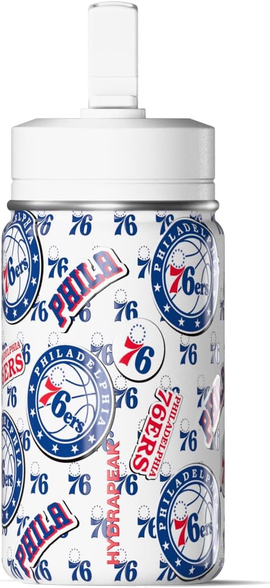 Hydrapeak x NBA Officially Licensed Philadelphia 76ers 14oz Mini Kids Water Bottle with Straw Lid and Handle Reusable Stainless Steel Double Wall Insulated Spill Proof Sports Gift for Boys Girls