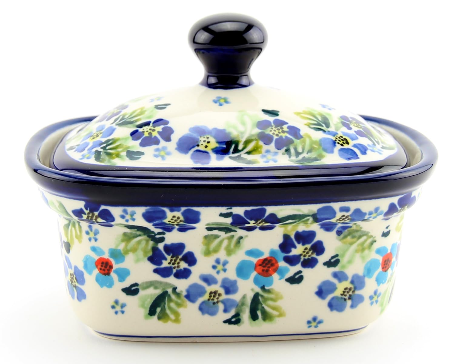 Polish Pottery Butter Tub - Azure Daisy Delight Pattern - Handmade and Hand-Painted Stoneware from Zaklady Ceramiczne 'Boleslawiec' - 2 Cup Capacity, W 4