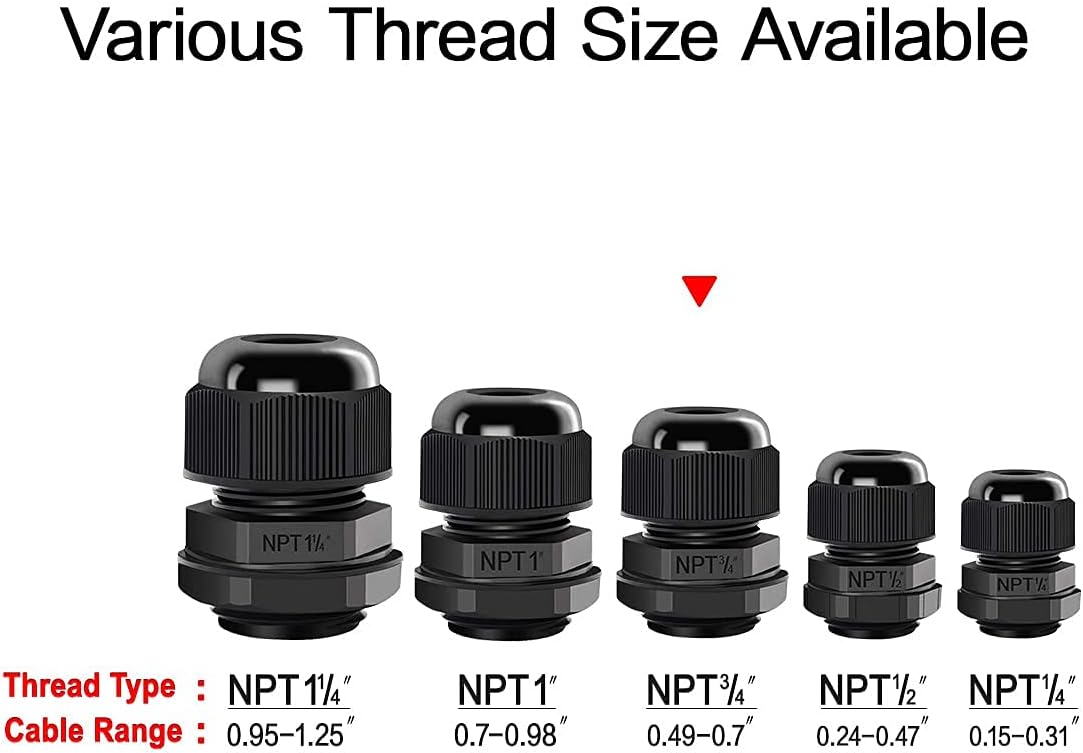 LeMotech 20 Pack NPT 3/4" Cable Glands Waterproof Adjustable 12.5-18mm Cable Connectors Black Nylon Joints with Gaskets