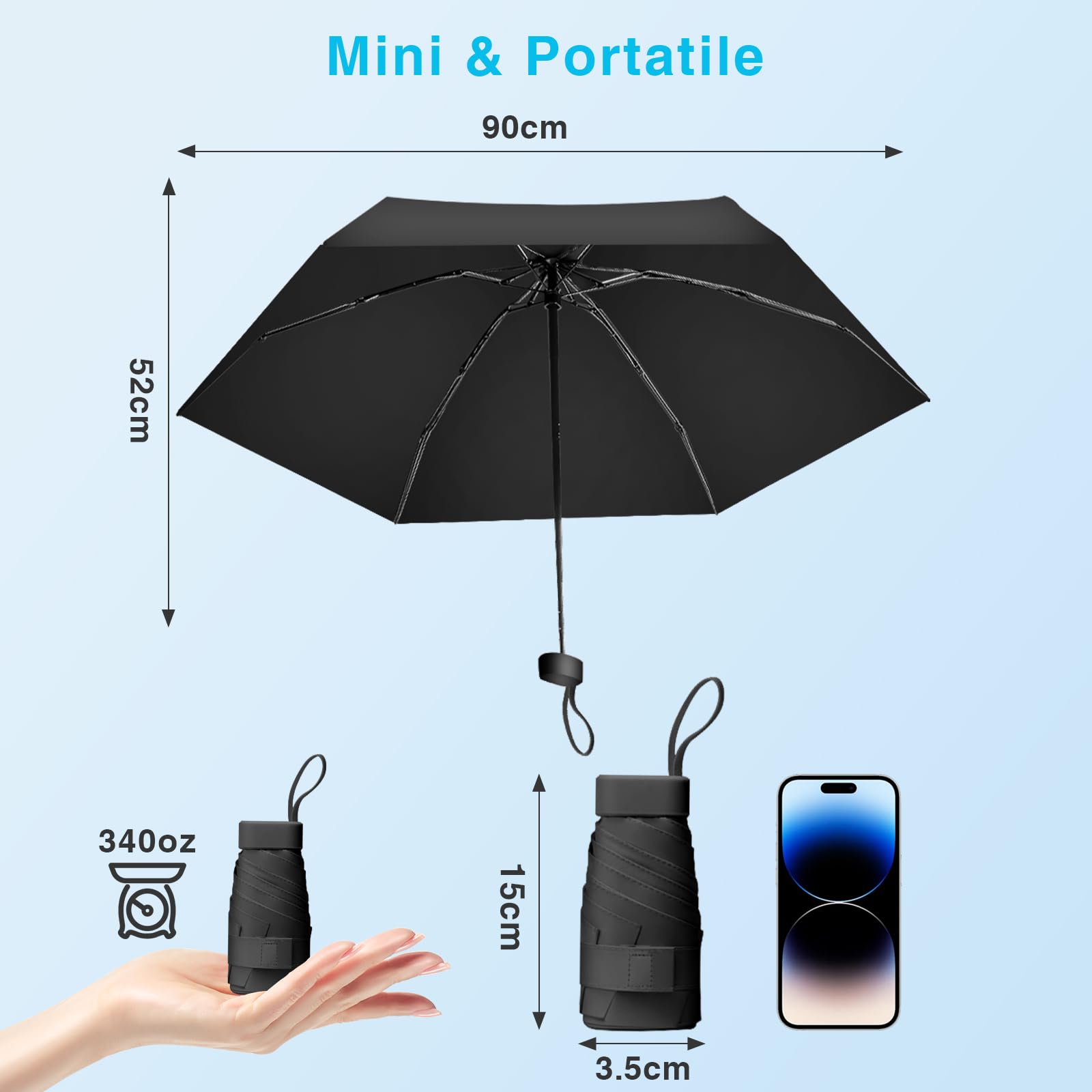 LENDOO Mini Ombrello Tascabile, Mini Ombrello Tascabile Anti UV UPF>50+ Ombrello con 6 nervature Pieghevole Rivestimento In Teflon 210T, Ombrello Da Sole/Pioggia, Portatile Leggero Compatto