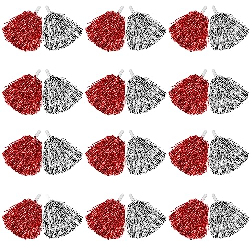 DILIBRA 24 Pcs Metallic Cheerleading Pom Poms, Cheerleaders Cheer Pom Poms with Baton Handle, Cheering Squad Hand Flower for Adults Team Spirit Sports Game Dancing Party (Sliver+Red)