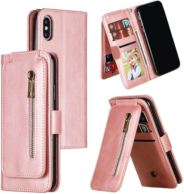 QLTYPRI Case for iPhone X iPhone XS, Premium Large Capacity Leather Wallet Case with 9 Card Holder Zipper Pocket Kickstand Magnetic Protective Cover for iPhone X iPhone XS - Rose Gold