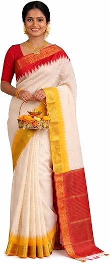 T.J. SAREES Madurai Cotton Silk Saree for Women with Contrast Blouse | Traditional Zari Border South Indian Cotton Saree |...
