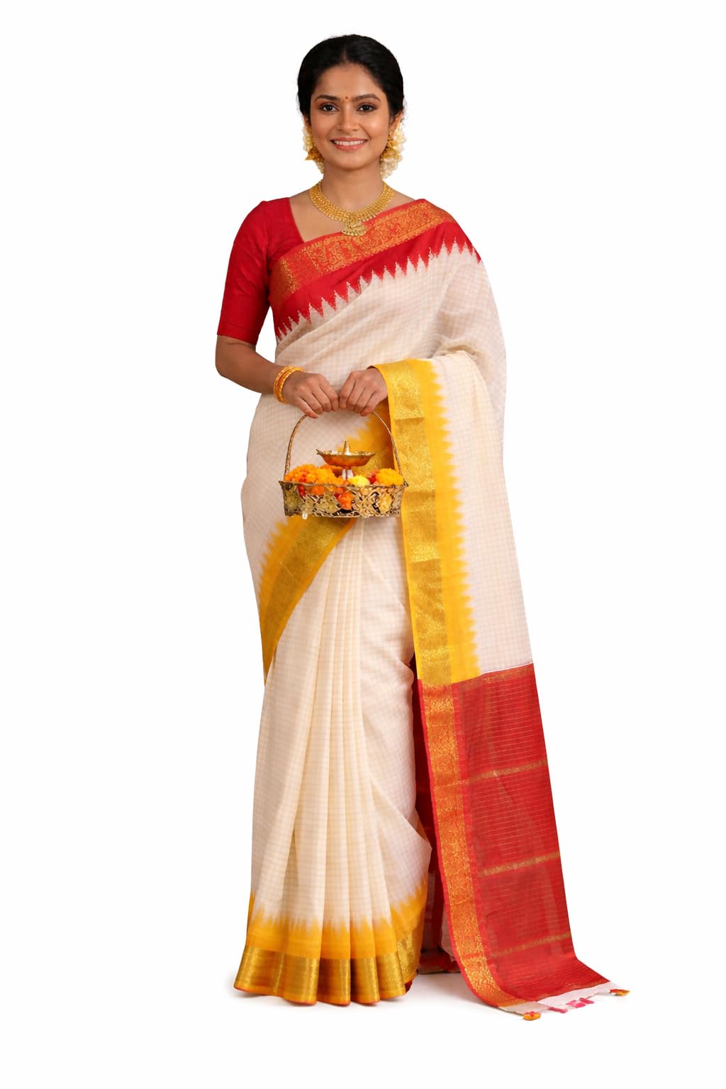 Madurai Cotton Silk Saree for Women with Contrast Blouse | Traditional Zari Border South Indian Cotton Saree | Festival Wear (Red And Yellow)-image-36