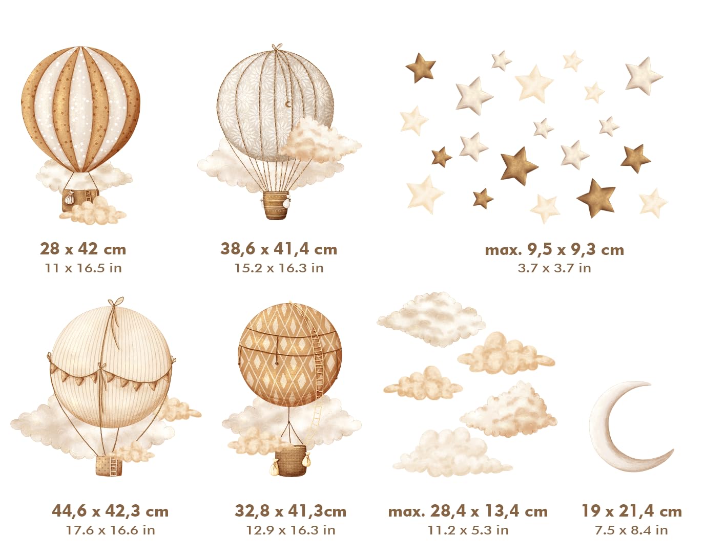 Pegatinas de Pared para Decorar Habitaciones Infantiles – Vinilos para Habitación de Bebé – 30 pegatinas individuales: marrón, beige y globos