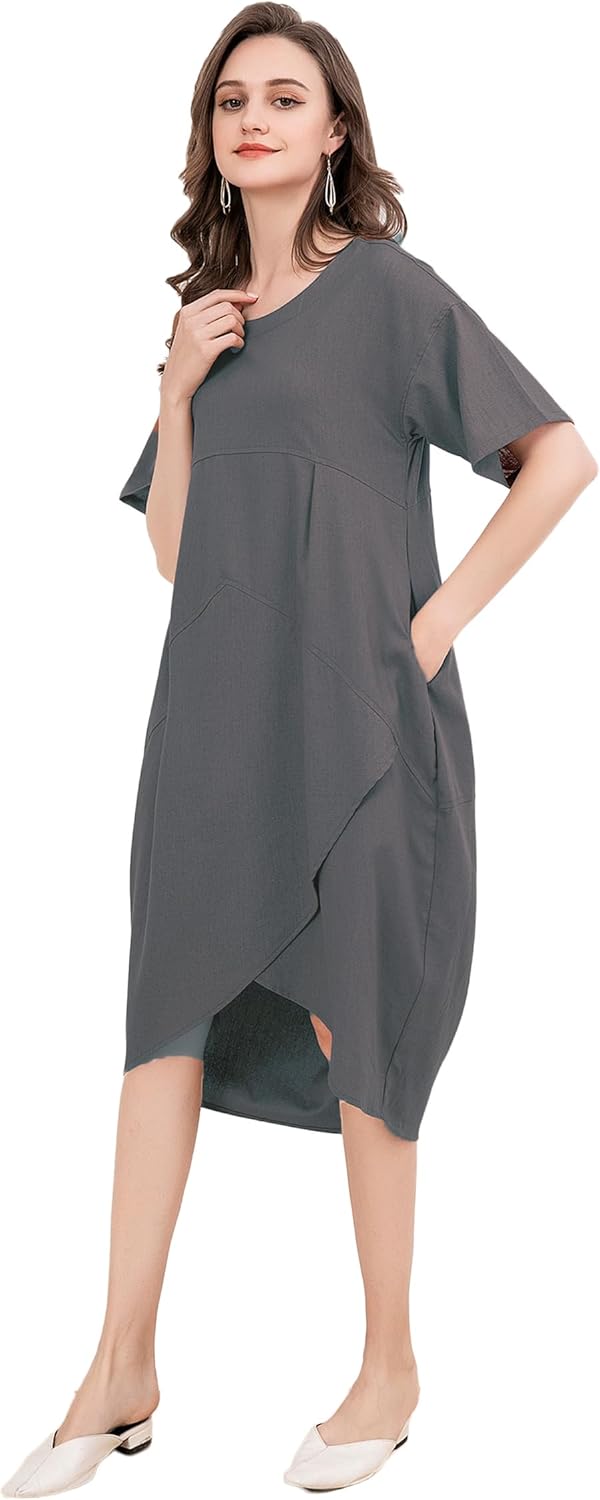 Minibee Women's Casual Linen Dress Summer Short Sleeve Flowy Empire Waist Midi Dresses with Pockets - Image 2