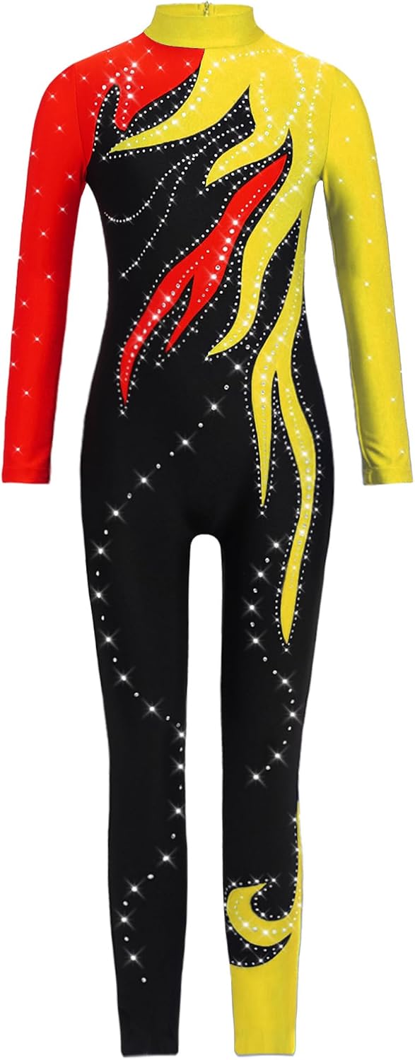 ranrann Kids Girls Full Body Dance Unitard Sparkle Rhinestones Gymnastics Leotard Bodysuit Long Sleeve Jumpsuit
