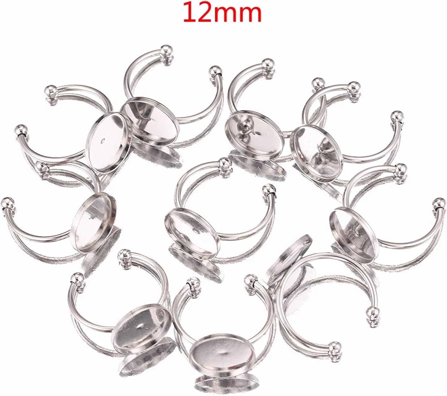 100pcs 12mm Ring Blanks Adjustable Stainless Steel Glass Cabochon Base for DIY Jewelry Making image 2