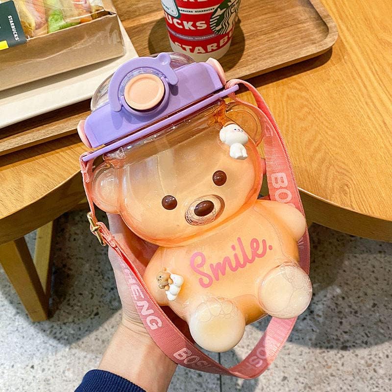 Kawaii Bear Water Bottle,Cute Water Bottle with Straw and Stickers,BPA Free,Leak-Proof,Novelty Drinking Bottle with Adjustable Shoulder Strap for Kids Girls Travel School Office (1400ml)