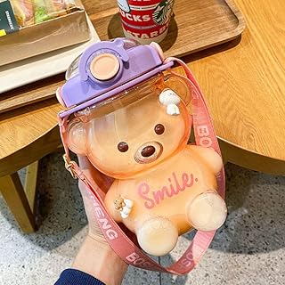 Kawaii Bear Water Bottle,Cute Water Bottle with Straw and Stickers,BPA Free,Leak-Proof,Novelty Drinking Bottle with Adjustable Shoulder Strap for Kids Girls Travel School Office (1400ml)