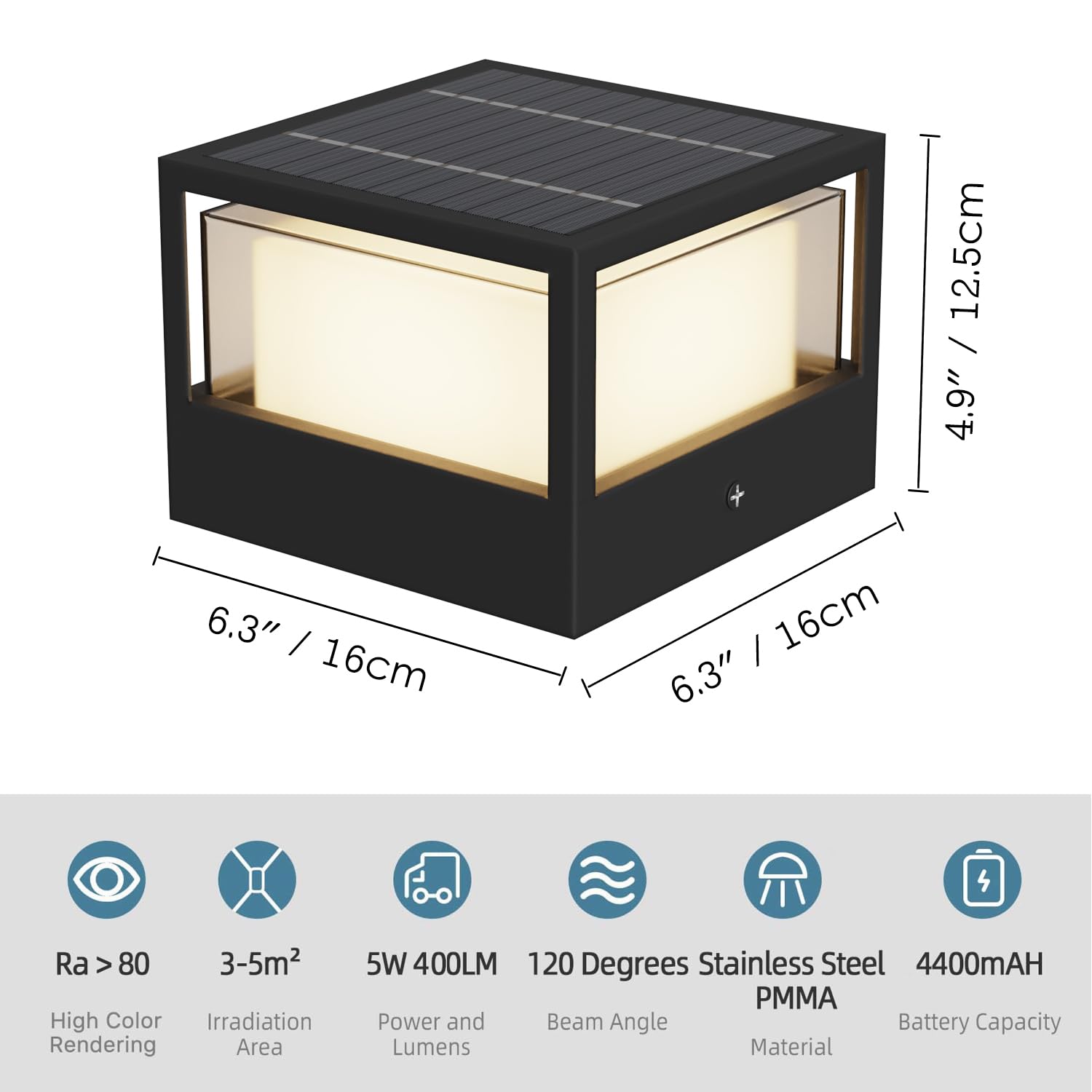 ACMHNC Farola Solar Exterior, LED Luz Solar Exterior jardin, Ip65 Lampara Sobremuro Exteriores de Aluminio, Blanco Cálido, Square, para Jardín Valla Patio, Negro