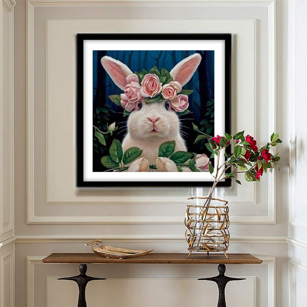 Kit per pittura con diamanti 5D, coniglietto bianco, coniglietto rosa, rosa, fiori WOWDECOR Full Drill fai da te Diamond Art Cross Stitch Paint by Numbers