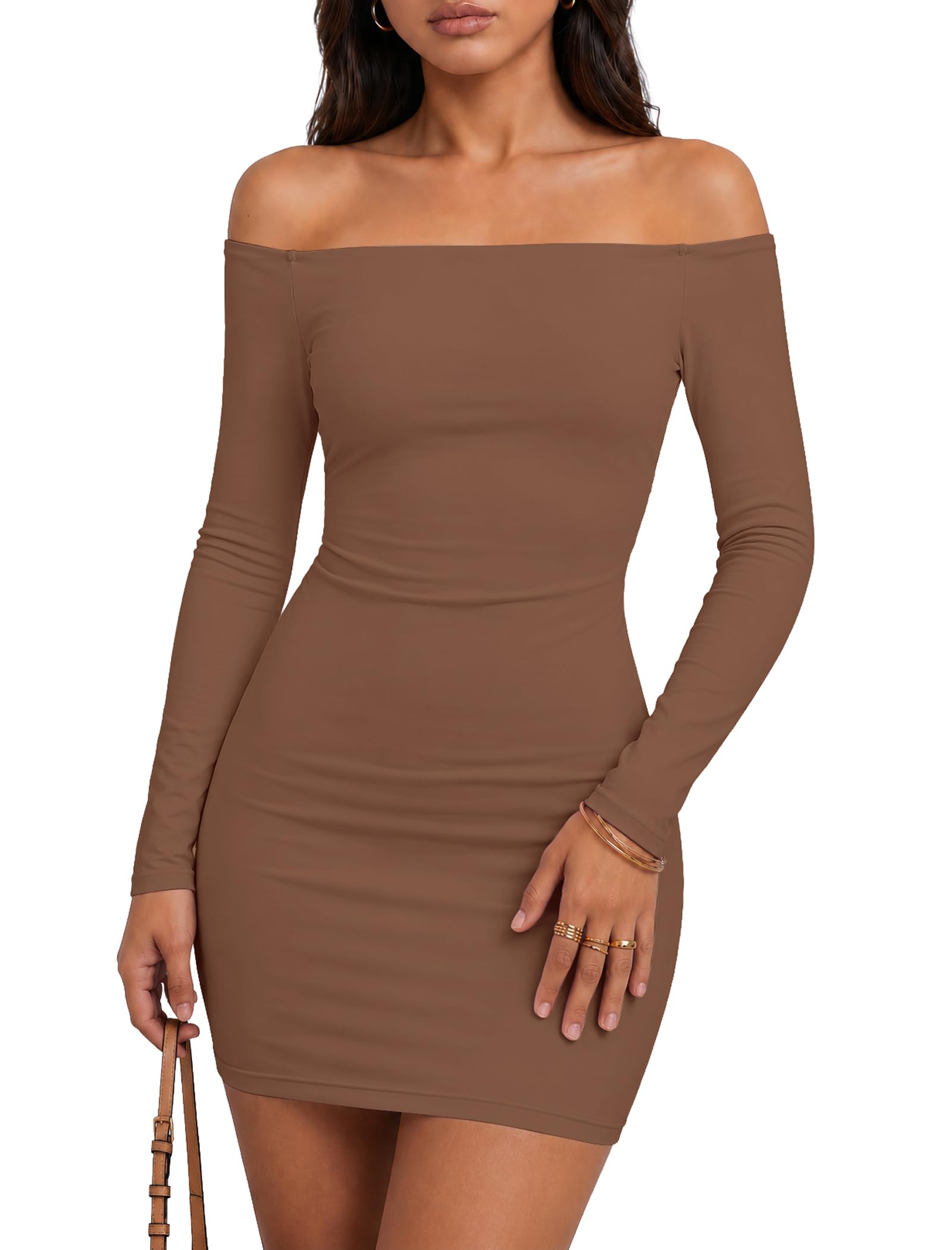 Matunana Womens Off The Shoulder Dress Long Sleeve Going Out Mini Dresses | Fall Fashion, Cute Bodycon Short Dresses, Sexy Cocktail Evening Little Dress, Date Night Out Party Club Outfits