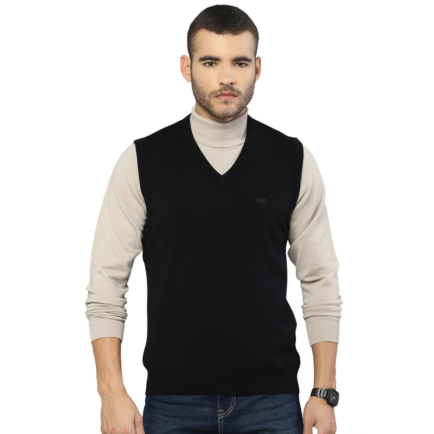 cloak & decker Men's Regular Fit Solid Pattern V Neck Pull On Closure Sleeveless Winter Sweater | Warm Woolen Pullover for Men | Comfortable Knitted Winter Wear Sweater for Men's (Pack of 1)-picture-19