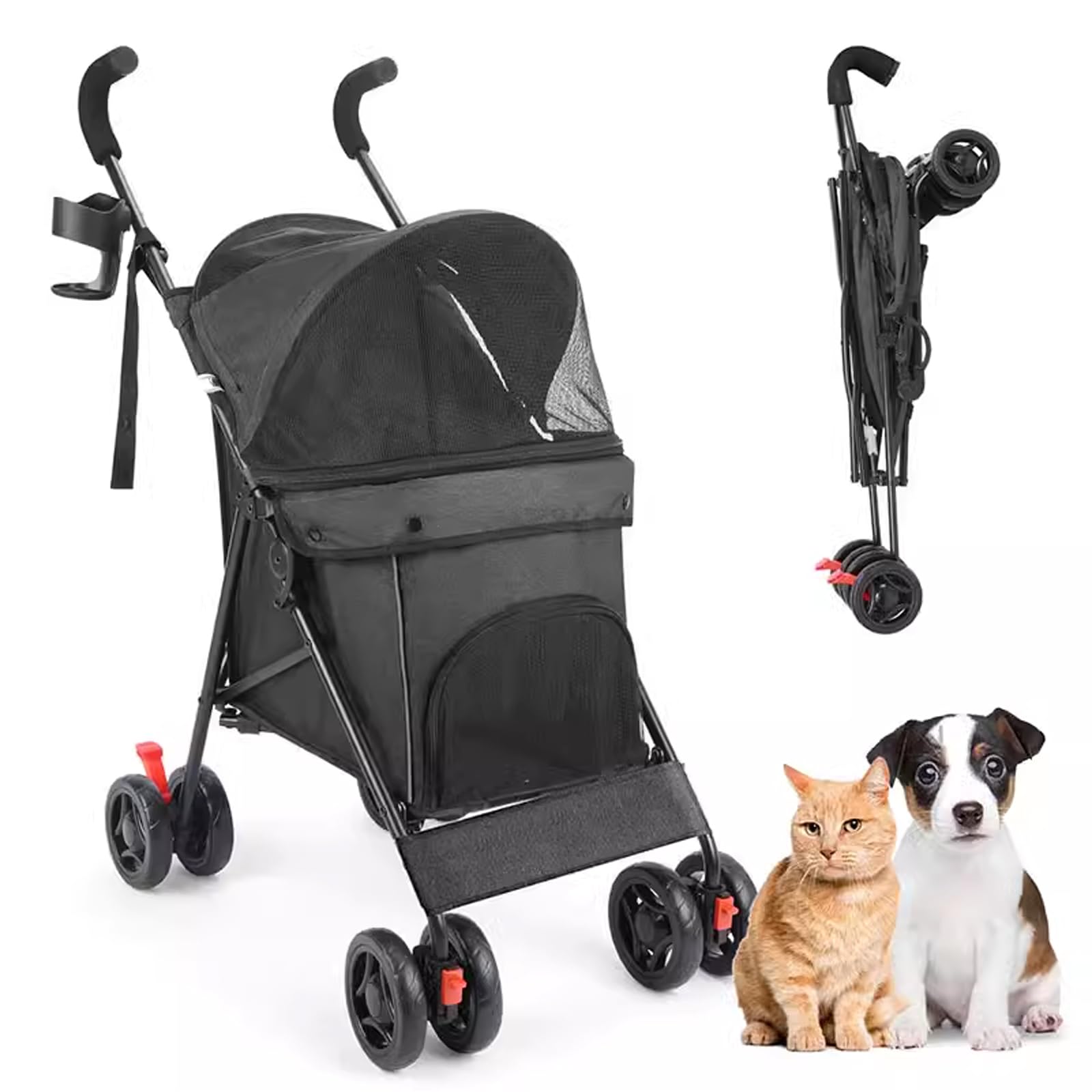 Passeggino per Animali Domestici, Passeggino per Cani Gatti, Passeggino da Jogging con Gabbia per Cuccioli Facile da Piegare A 4 Ruote per Gatti di Piccola Taglia, Cani,Nero