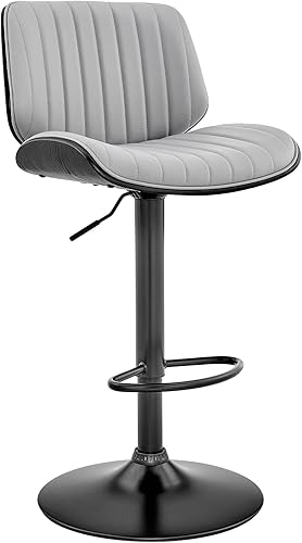 Armen Living Brock - Taburete de bar moderno giratorio de altura ajustable de piel sintética gris y madera negra con base negra para encimera de
