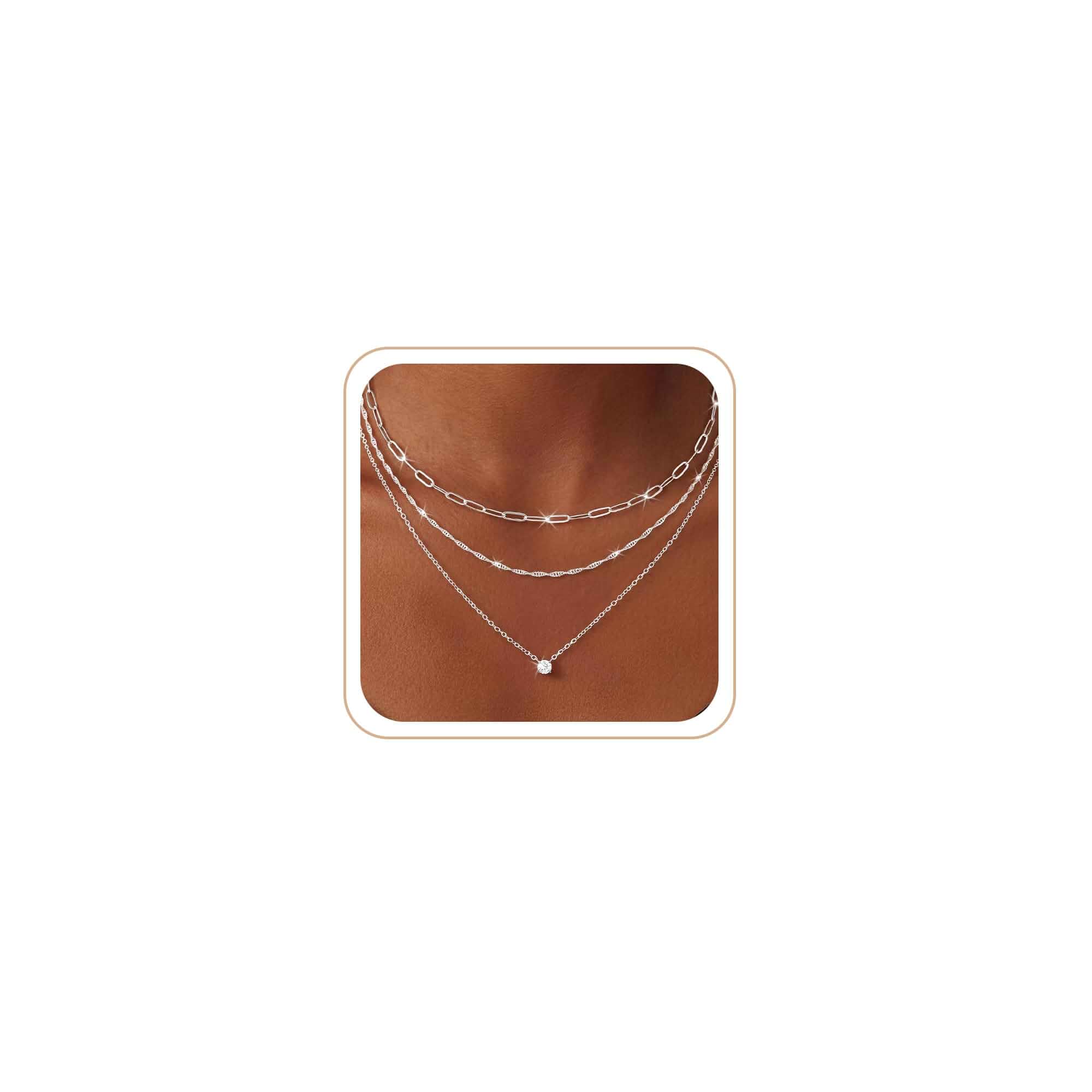 CHESKY Layered Silver Necklace for Women Trendy,Dainty Silver Plated Stackable Charm Necklace Layering Paperclip Tennis Rope Chain CZ Pendant Jewelry Set Gifts