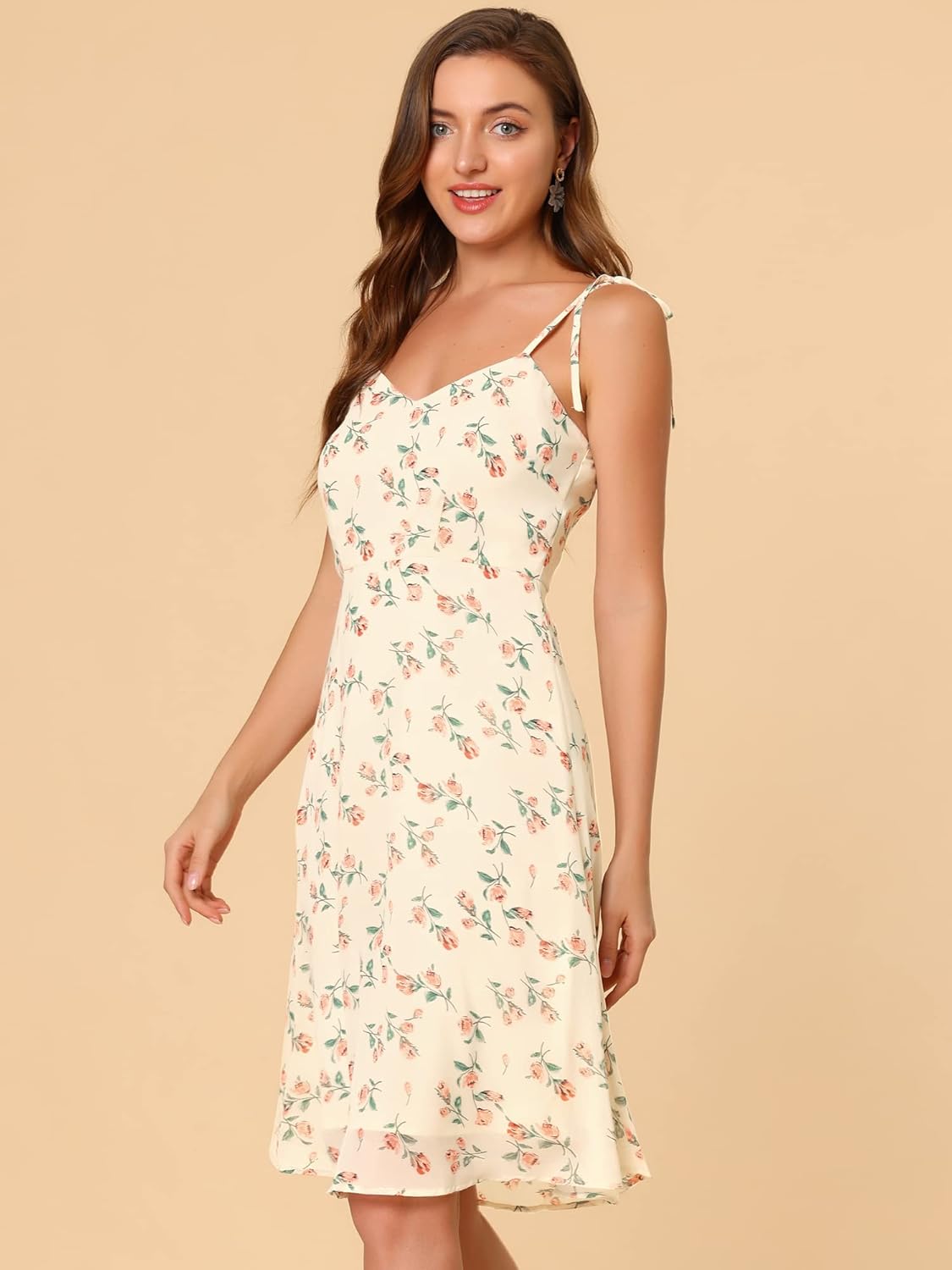 Allegra K Women's Floral Sundress 2025 Easter Tie Shoulder Smocked Spaghetti Strap Dress - Image 3