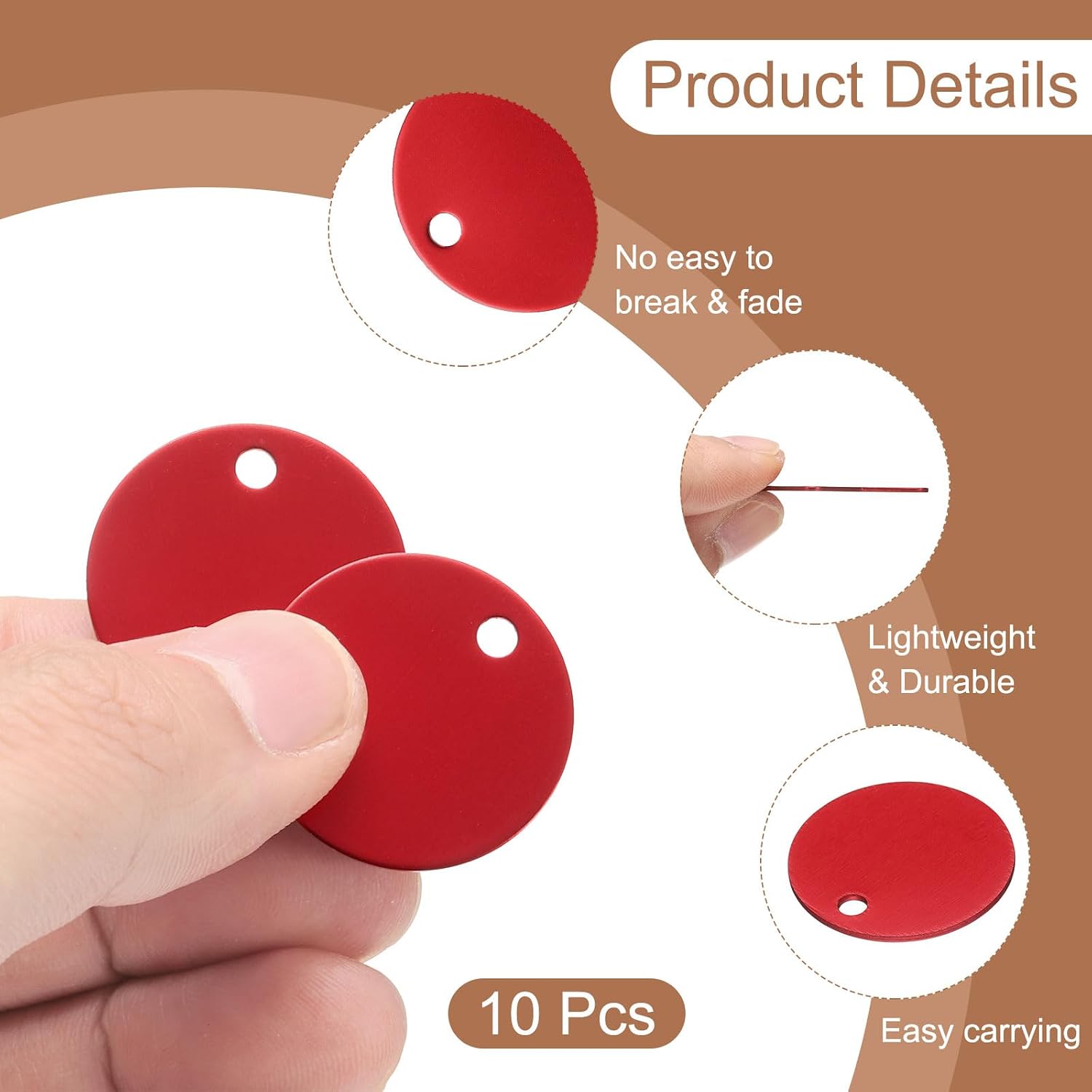 uxcell 10Pcs Aluminum Engraving Blanks Tags, Metal Blank Tags Stamping Round with 10 Keychain Blank Bulk Dog Tag for DIY Personalized Pet Tag, Red image 3