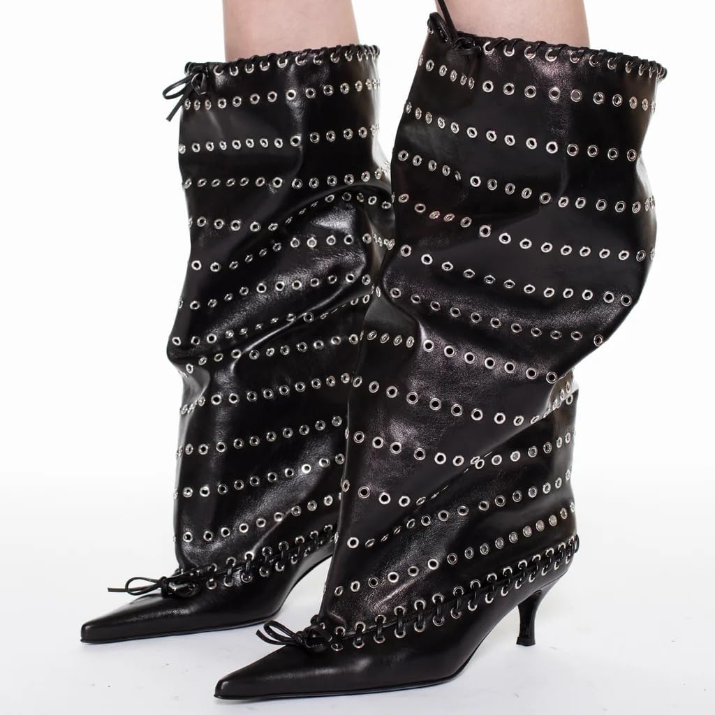 keleimusi Laced Embellishment Knee High Boots Women Metal Eyelets Pointed Toe Tall Boots Kitten Heel Bow Tie Long Boot Pull On Dress Fashion Wide Calf Knee High Boots/Short Booties