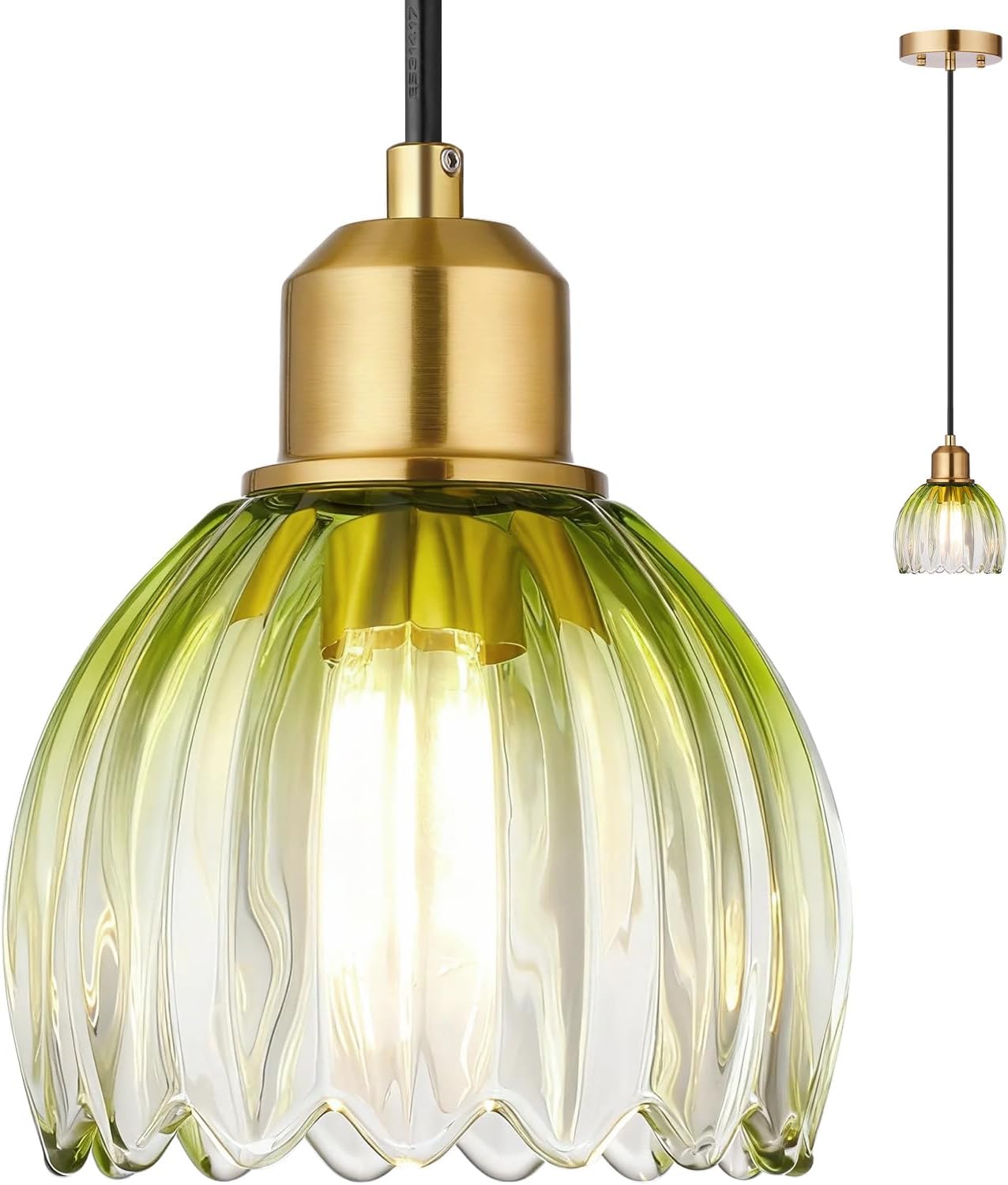 TALOYA Pendant Light with Green Tulip Glass Lampshade, Brass Vintage Pendant Light Adjustable Hanging Light for Kitchen Island Bedroom Dining Room Hallway& Bar