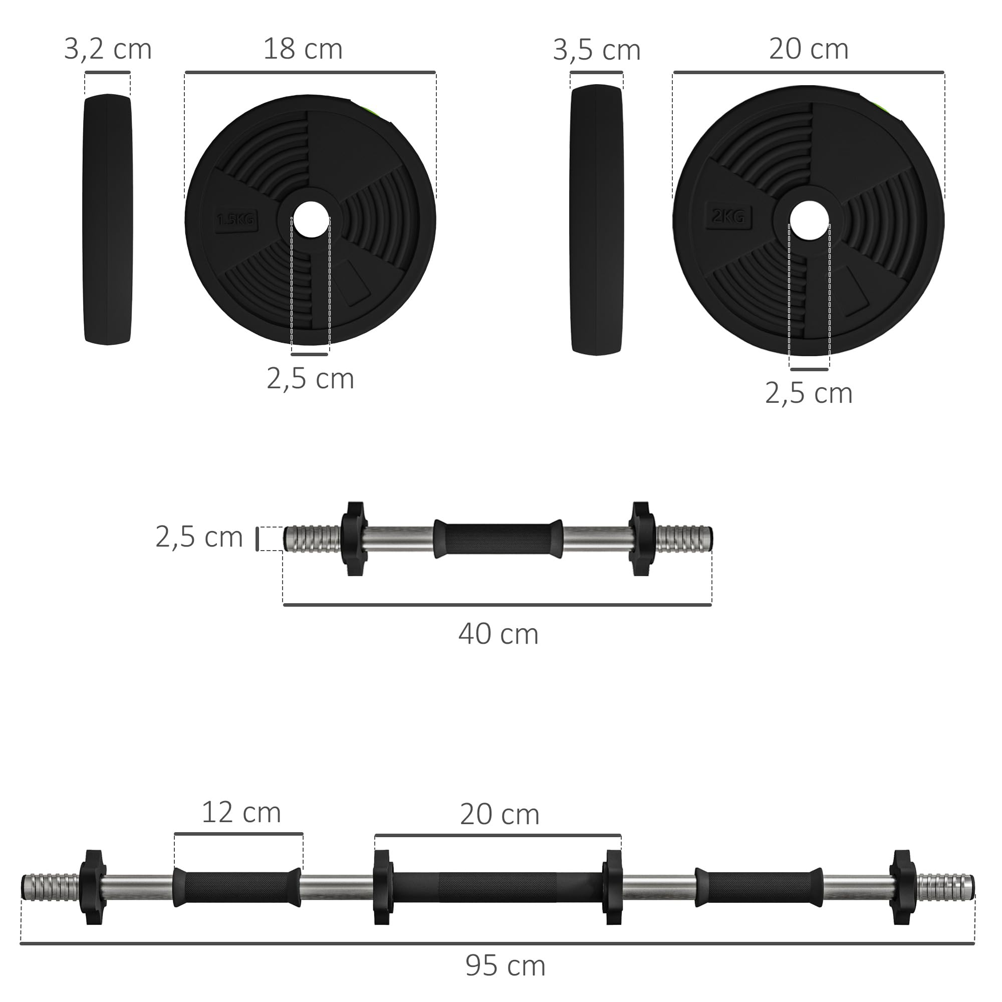 SPORTNOW 2 in 1 manubri regolabili, manubri liberi con manici antiscivolo, 15 kg, barre incluse, allenamento muscolare e sollevamento pesi