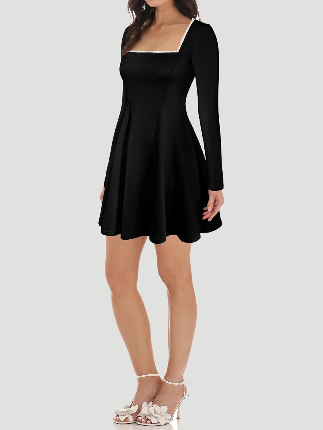 Lrady Womens Square Neck Bodice Dress Long Sleeve Flare A Line Club Party Mini Ruffle Swing Short Dresses - Image 3