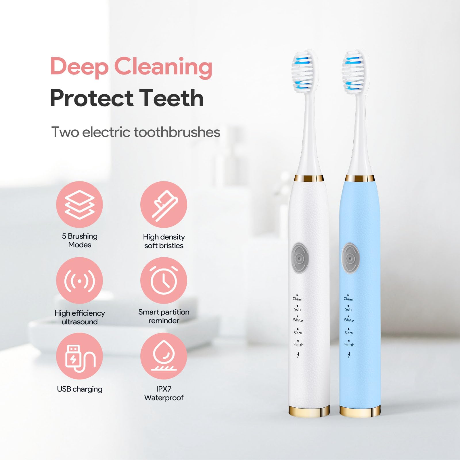 Dnil Confezione da 2 spazzolini elettrici per adulti e bambini, spazzolino da viaggio include 10 testine di ricambio, 5 modalità con timer intelligente da 2 minuti (blu bianco)