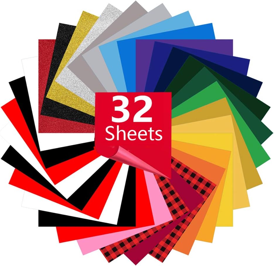 Heat Transfer Vinyl HTV Bundle 10"x12" - 32 Pack Assorted Colors HTV Vinyl for DIY T-Shirts
