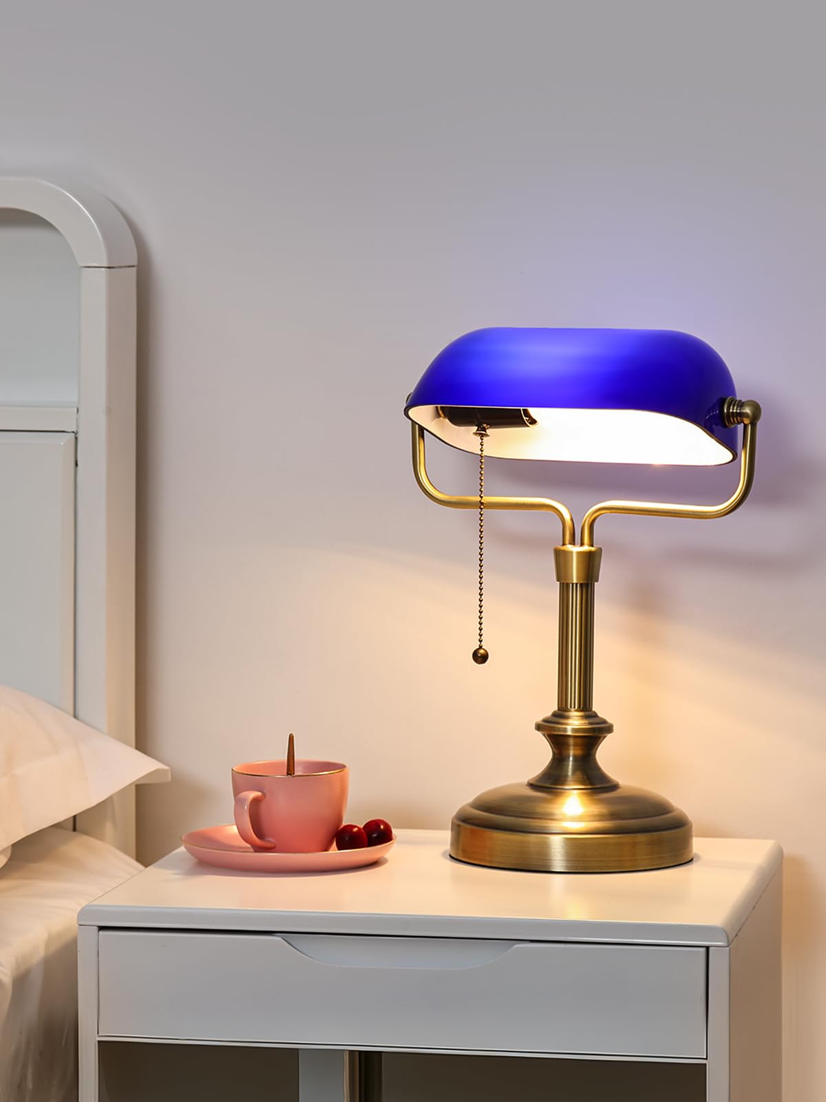 Banker Schreibtischlampe, Glasschatten, Vintage -Lampe mit Pull -Kettenschalter für Heimbüro, Klavierlampe (Antique Brass+Blue)