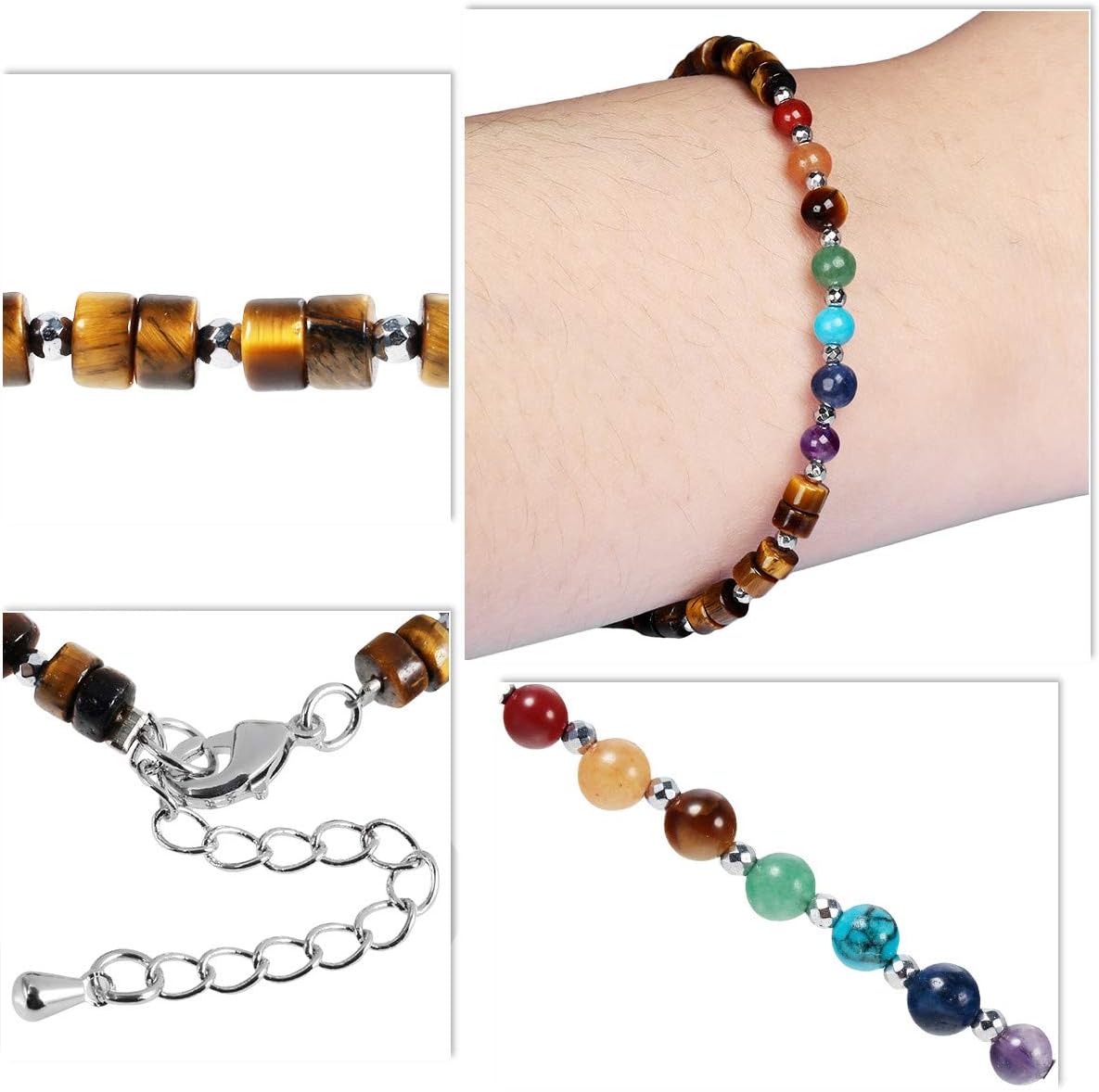 TUMBEELLUWA 7 Chakra Crystal Stone Beads Bracelet for Women Adjustable Flat Beaded Link Bangle for Healing - Image 2