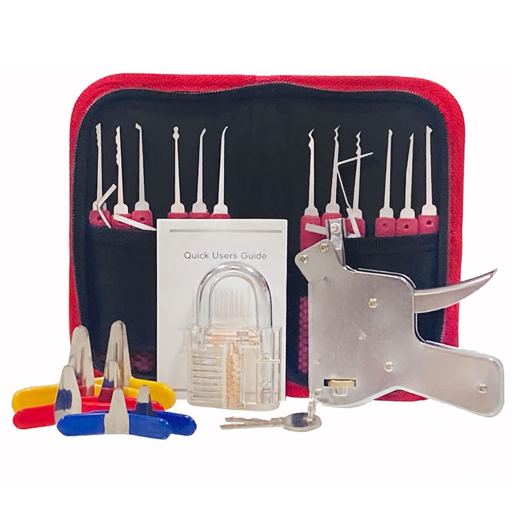 27 Piece Lock Picking Set with Zipper Bag, Lock Pick Gun and 6 Piece Padlock Shim,Transparent Training Locks,Extractor Tool for Beginner and Locksmith Training(Red)