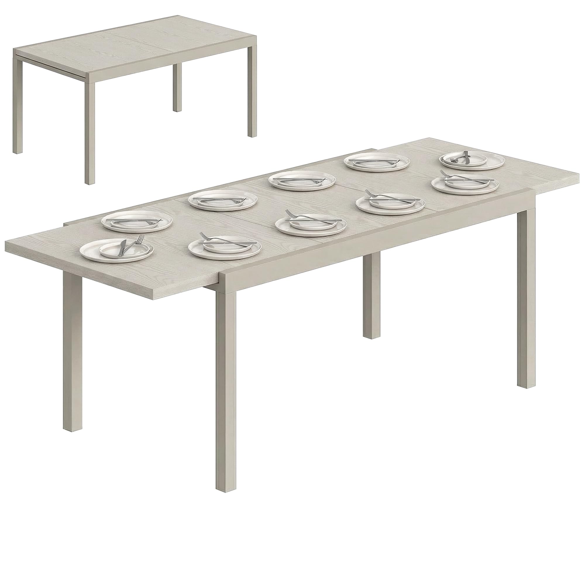 Outsunny Tavolo da Giardino Allungabile per 8-10 Persone, Piano Effetto Legno in Alluminio, Tavolo da Pranzo Estensibile per Esterno con Gambe in Acciaio, 154/214x85cm, Grigio Argento