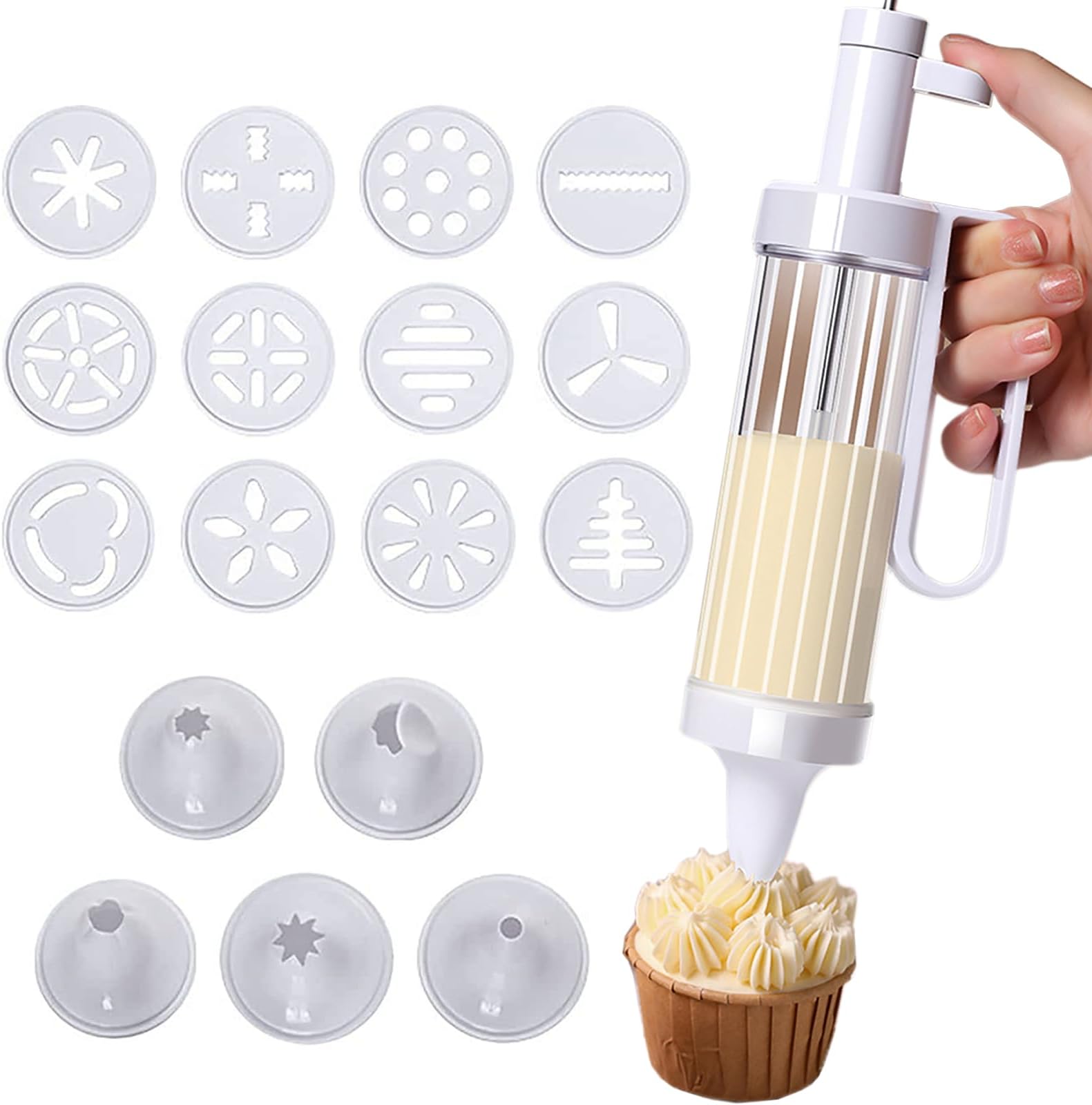 Suuker cookie press gun set for baking,clear icing decoration spritz cookie press kit with 12 discs and 6 cake decoration piping tips for diy biscuit cookie maker and decoration,white