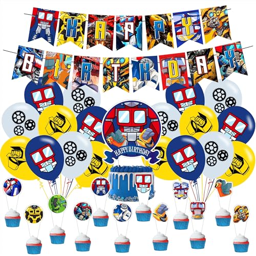 Cartoon For Robot Party Supplies Birthday Decorations Set Include Banner Balloons Hanging Swirls Cake Cupcake Toppers for Boys Girls Party.