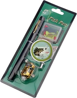 OPALENDIR Mini caña de Pescar telescópica portátil de Bolsillo, Juego de Carrete con Forma de bolígrafo, con línea, Anzuelo Flotante, Kit de Cebo, Regalo Ideal for niños, 96 cm(Black)