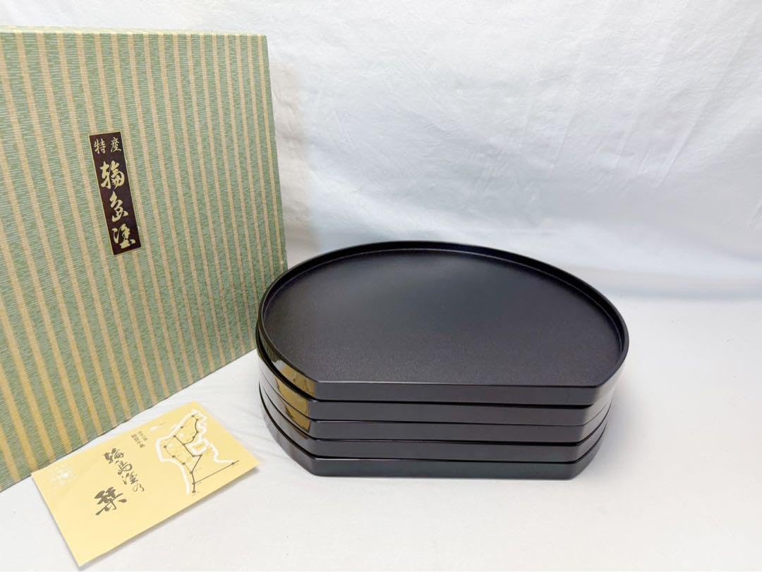 懐石道具 伝統工芸師 哲斎作 輪島塗 天然木製 半月膳 5客揃 紙箱 未