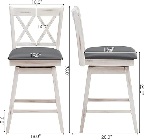 Miniatura 3 de COSTWAY Juego de 2 taburetes de bar giratorios de 360° de altura de mostrador de 25 pulgadas con reposapiés, cojín tapizado y respaldo ergonómico,
