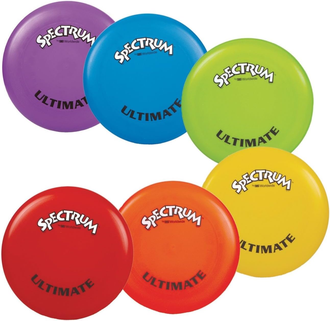 S&S Worldwide Spectrum Ultimate Flying Disc. 11" Flying Discs Weight about 175 Grams Each. Heavy Enough to Cut Through the Wind! Great for Ulimate Frisbee Leagues, Disc Golf, and Catch. 6 Color Set.