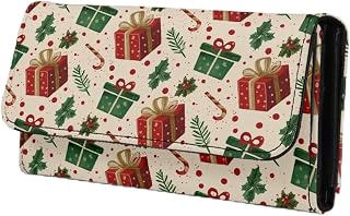 Christmas Gift Print PU Leather Trifold Wallet for Women, Pine Branch Poinsettia Handcrafted Stitching Ladies Credit Card Holder Zipper Pocket Long Wallet