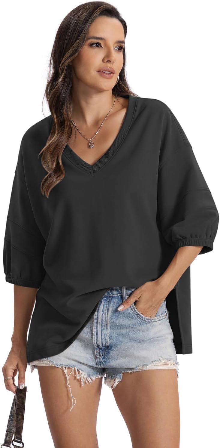 Womens Cotton V Neck Sweatshirt 3/4 Sleeve Slouchy Fit Tops Trendy Slit Shirt Casual Fall Lightweight Outfits - Image 7
