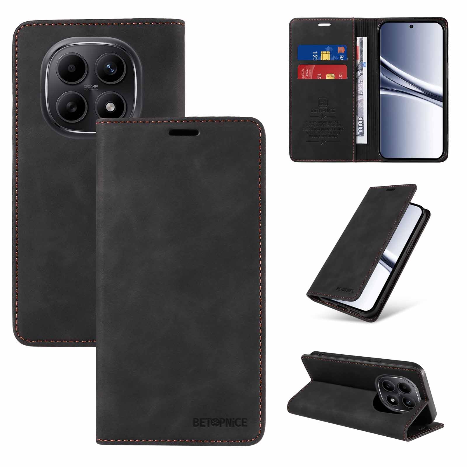 YUECXIN Luksusowe etui do Xiaomi Redmi Note 15 5G, odporny na wstrząsy pokrowiec ze skóry PU z magnetycznym uchwytem i ochroną RFID antykradzieżową obudową, czarny